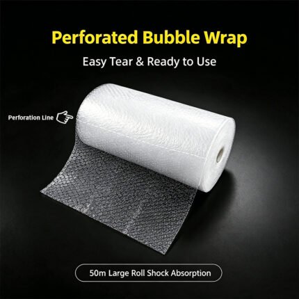 JIJID Perforated PE Bubble Wrap Roll - Easy Tear Cushioning Film, 10mm Bubble, 50m Length for Packaging & شحن
