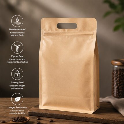 JIJID Kraft Paper8-Side Seal Flat Bottom Pouch with Handle Premium High-Barrier Packaging Bag for Food, Coffee, Tea & Snacks