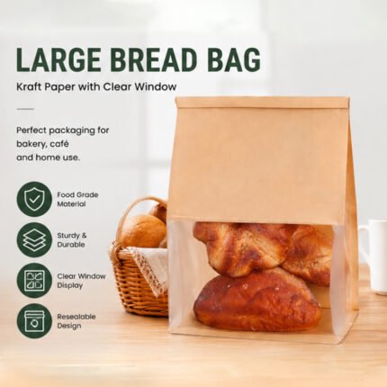 JIJID Kraft Paper Bread Bags with Clear Window, Tin Tie Sealed Toast Packaging Bags for Bakery Pastry Cookie Snack, Food Grade