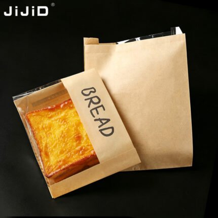 JIJID Kraft Window Bakery Bags | Oil Resistant Bread Paper Bags with Clear Window