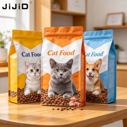 JIJID Custom Eight Side Seal Pet Food Pouch, Resealable Zipper Flat Bottom Dog Cat Food Packaging Bag